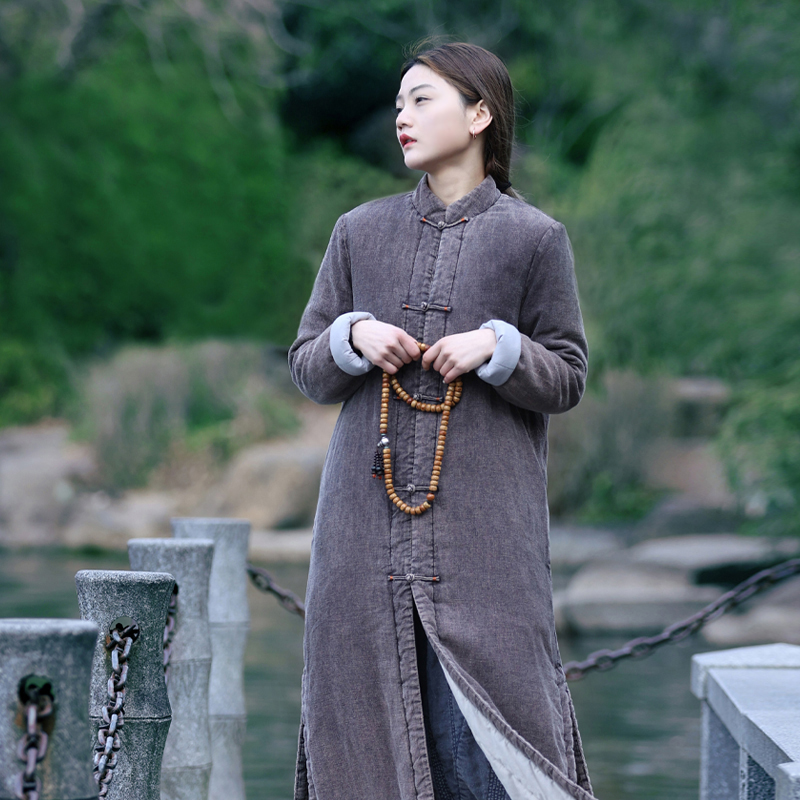 古石后复古中式对襟长款直筒棉服
