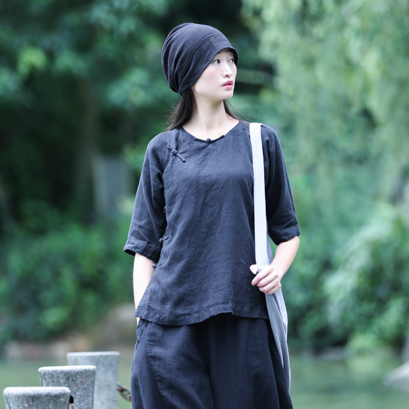 古石后原创黑色亚麻衬衫女夏高端亚麻禅意中国风盘扣茶服短袖上衣
