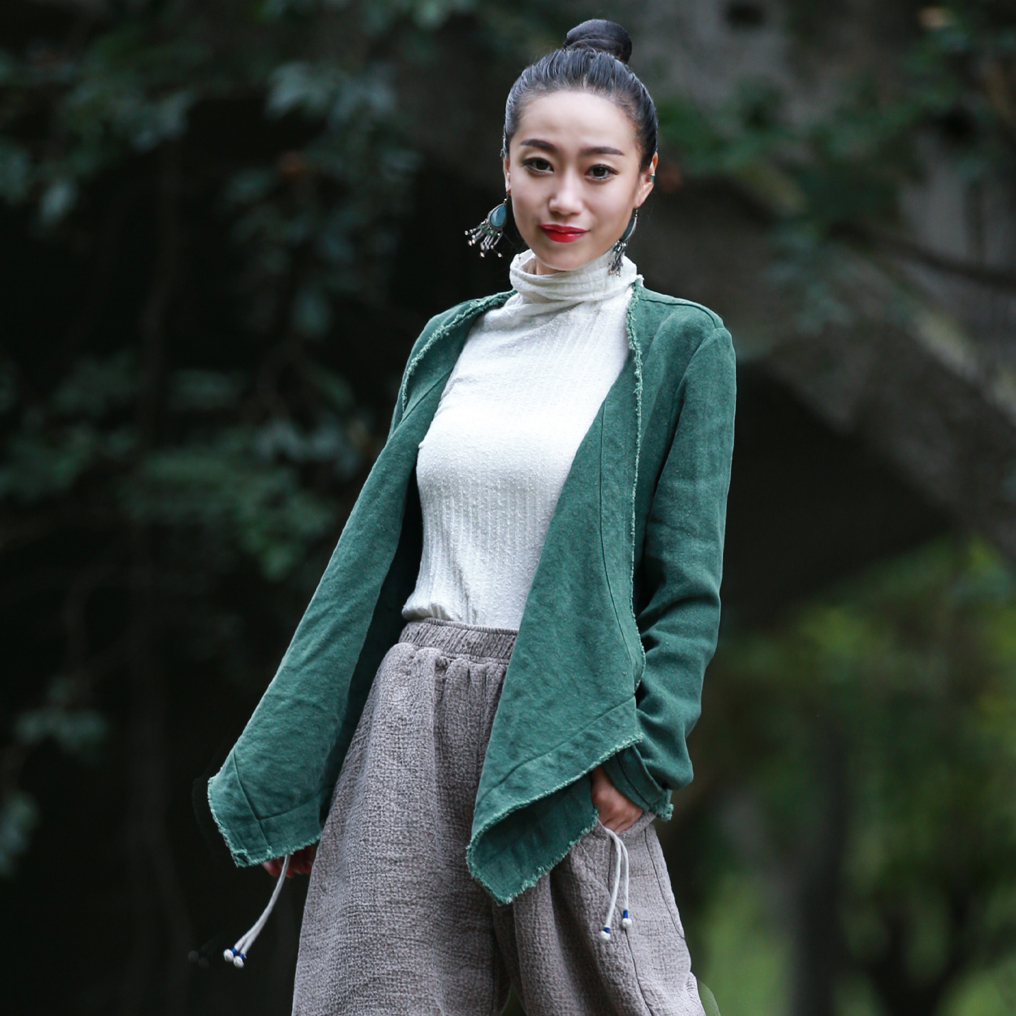 古石后新中式斜襟石磨亚麻短外套