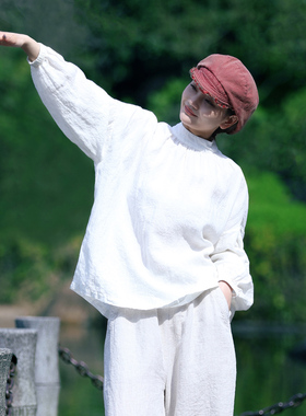 古石后原创亚麻长袖t恤胖妹妹高级设计感小众宽松遮肉衬衫女上衣