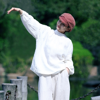 古石后原创亚麻长袖t恤宽松