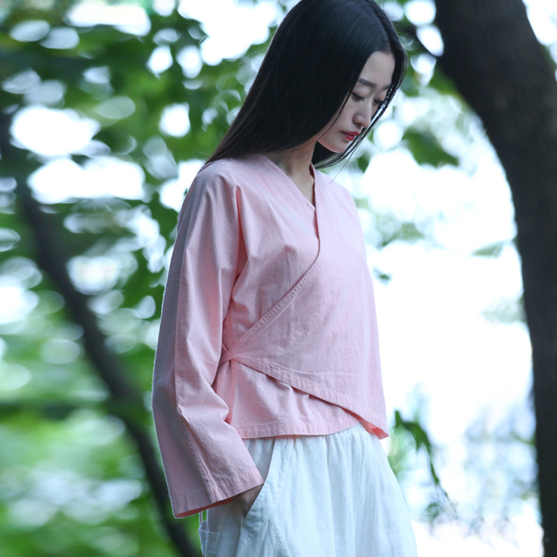 古石后原创新中式上衣女纯棉短款交领系带禅意茶服收腰改良汉服