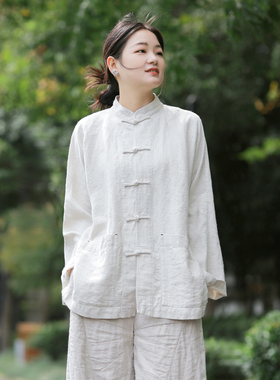 古石后原创新中式外套女春秋季本麻色打坐太极晨练服厚款亚麻衬衫