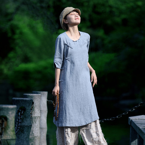 古石后亚麻中式斜襟盘扣圆领上衣