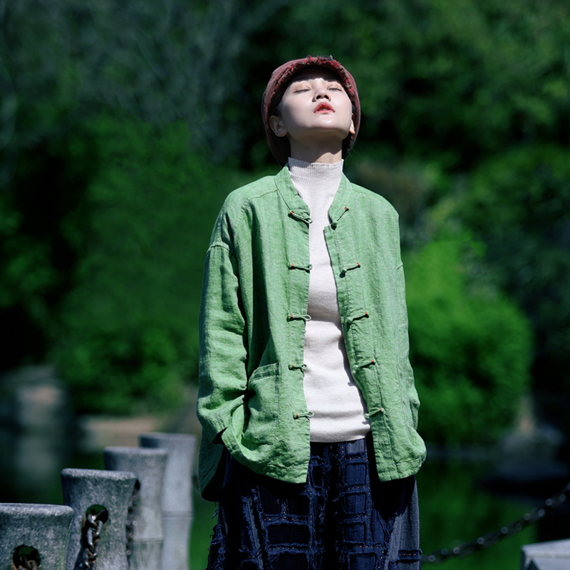 古石后中式对襟复古亚麻休闲外套