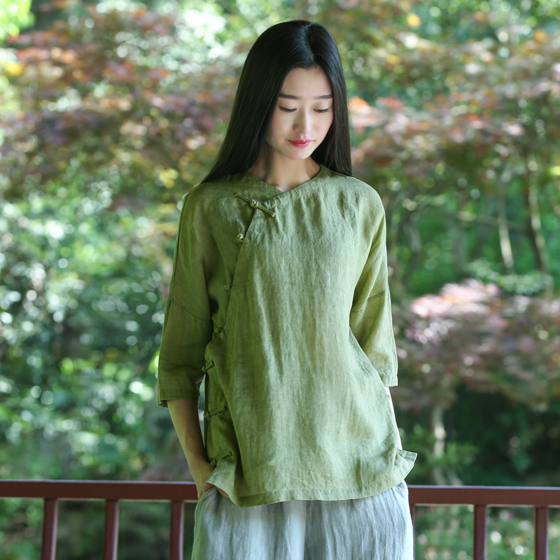 古石后原创布衣中式国风上衣女夏季亚麻天丝轻薄衬衫斜襟盘扣茶服