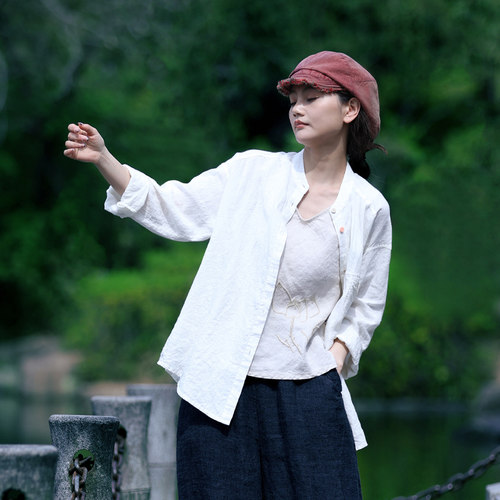 古石后宽松原创设计单排扣长袖麻