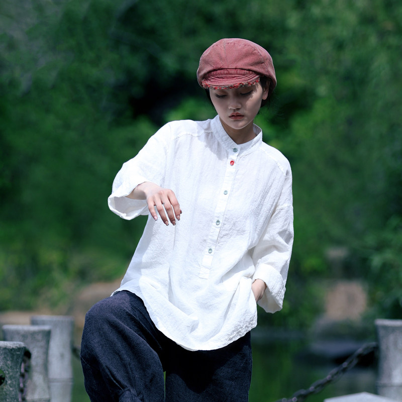 古石后原创布衣长袖白色衬衫女春夏亚麻立领宽松落肩袖套头衫上衣