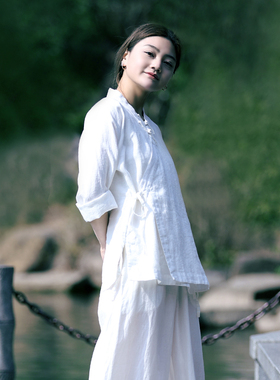古石后原创布衣中式复古盘扣棉麻茶服衬衫禅意亚麻夏季开衫上衣女