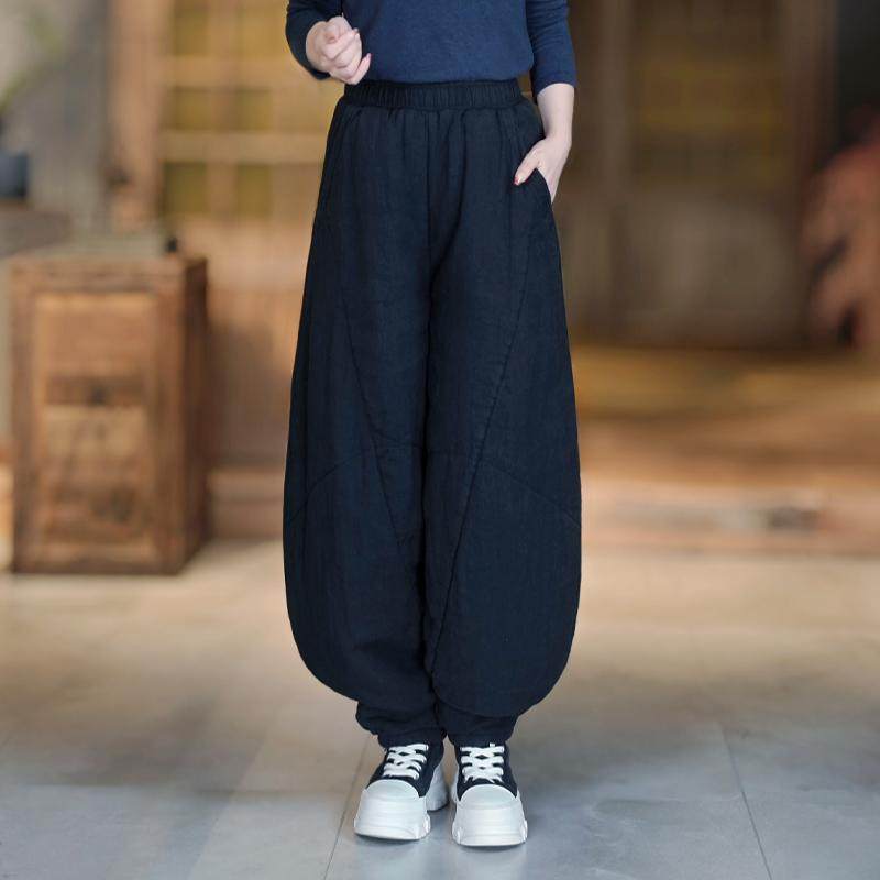 古石后原创冬季裤子女黑色亚麻宽松大码加厚防寒灯笼裤外穿棉裤