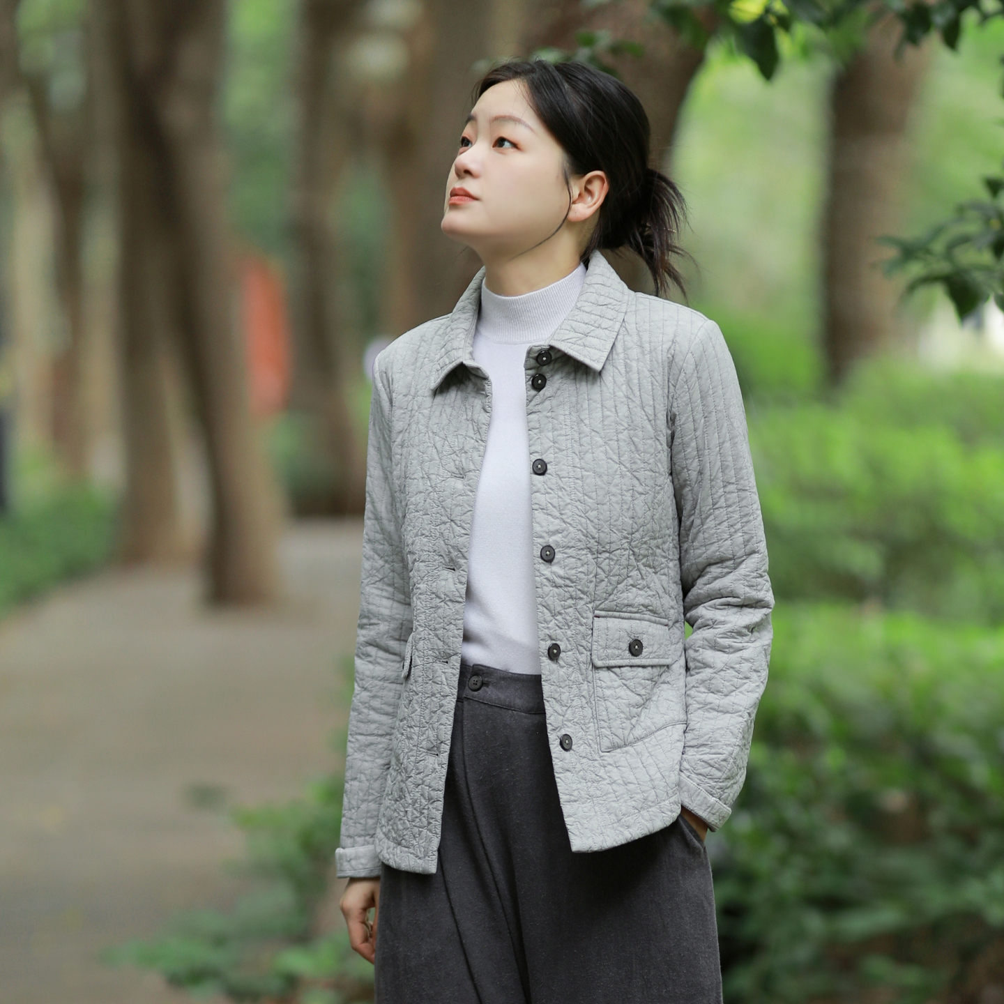 古石后纯棉收腰显瘦夹棉衬衫外套