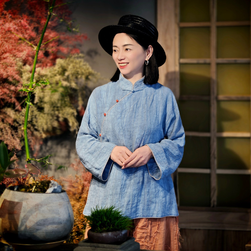 古石后原创新中式上衣女春夏亚麻中国风立领斜襟长袖茶服蓝色衬衫