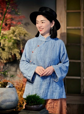 古石后原创新中式上衣女春夏亚麻中国风立领斜襟长袖茶服蓝色衬衫