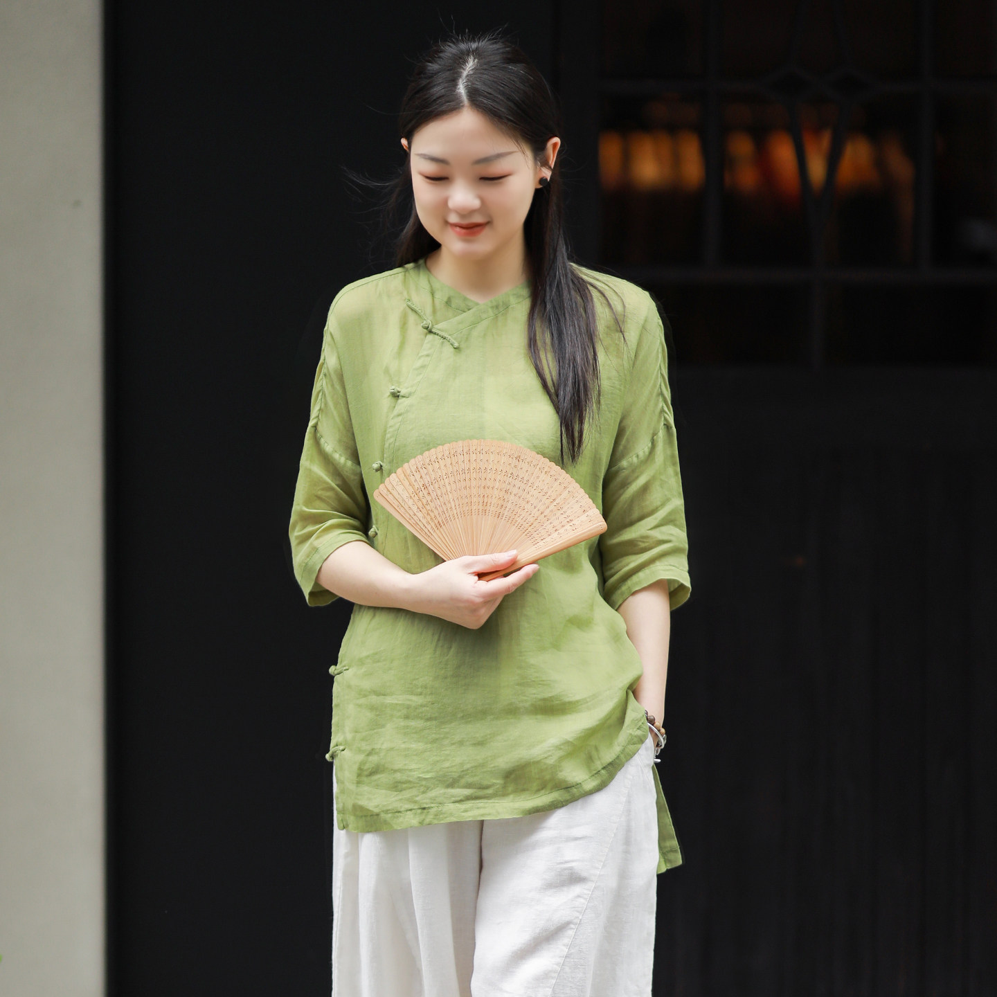 古石后原创中式上衣女夏季七分袖苎麻薄衬衫中国风斜襟盘扣禅茶服