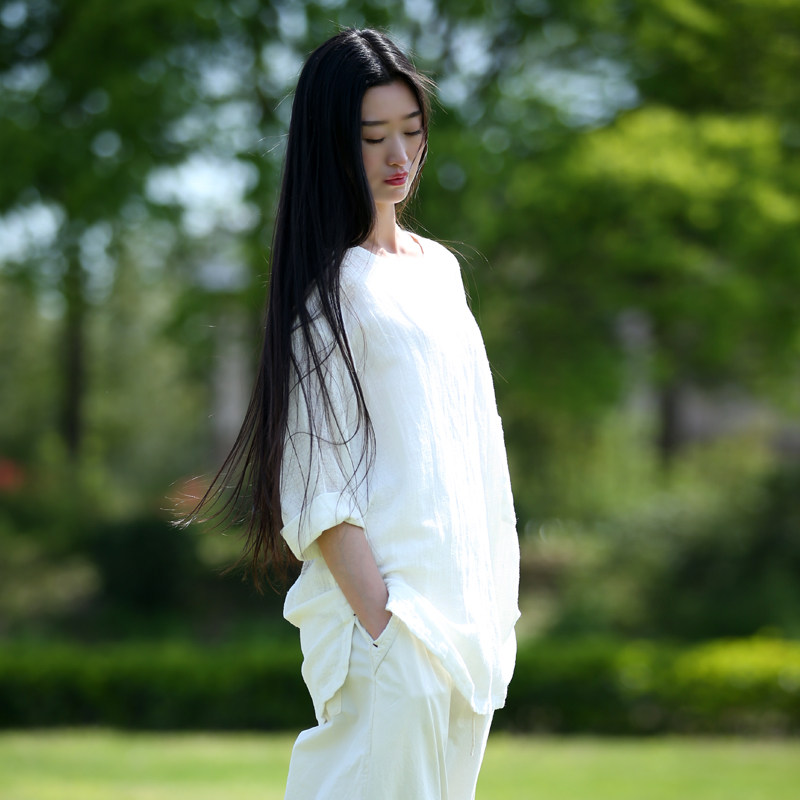 古石后原创布衣白色棉麻中长款套头圆领上衣薄款长袖文艺衬衫女夏