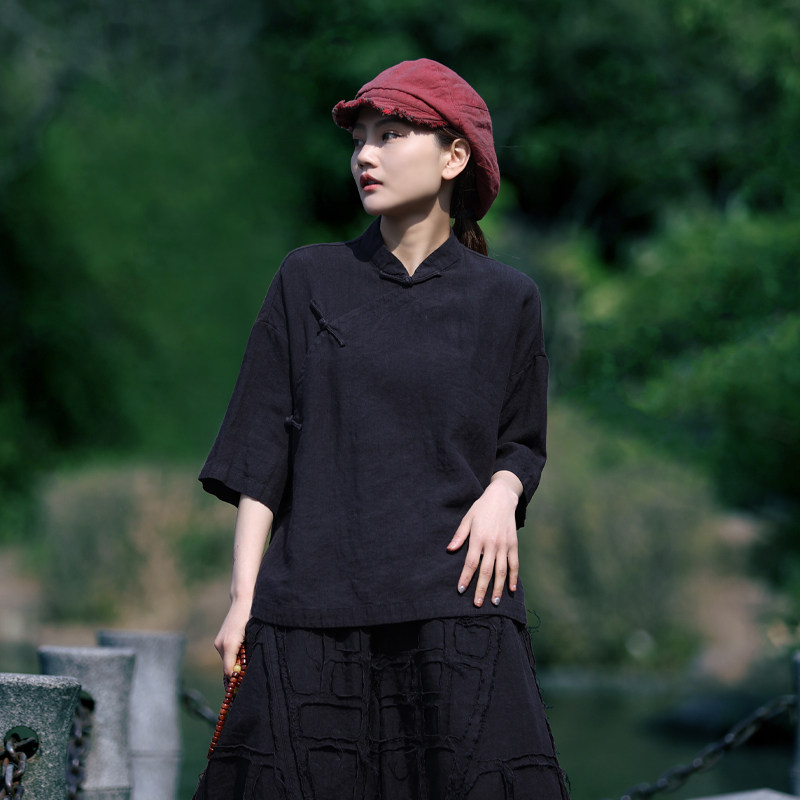 古石后原创新中式上衣女夏复古斜襟立领盘扣茶服五分短袖黑色衬衫