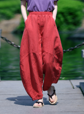 古石后-原创布衣色织亚麻松紧腰休闲裤长裤 宽松大码灯笼裤春夏女