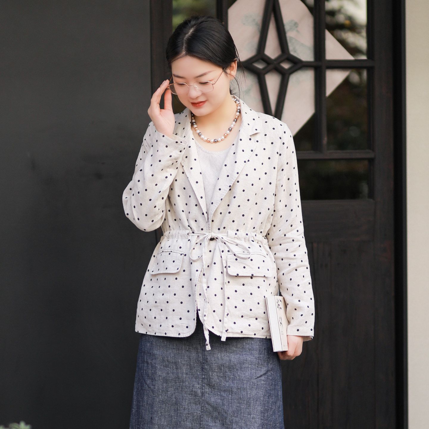 古石后原创西装外套女2026春装新款高级感亚麻气质波点西服正装