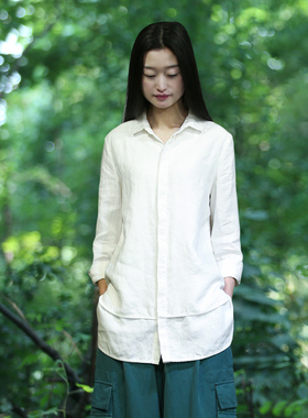 古石后原创白色衬衫女上衣春秋亚麻百搭休闲双层厚款长袖衬衣外套
