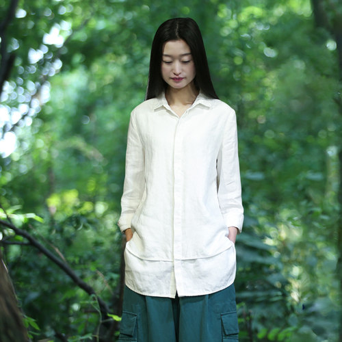古石后原创白色衬衫女上衣春秋亚麻百搭休闲双层厚款长袖衬衣外套