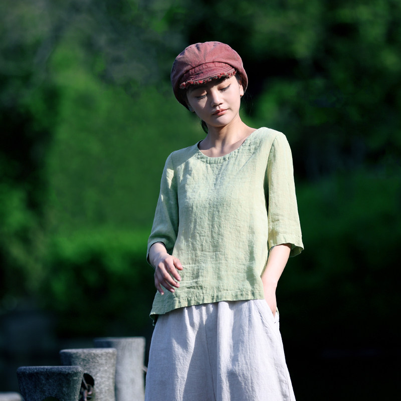 古石后原创布衣短袖女t恤夏圆领正肩直筒显瘦套头衫酵素亚麻上衣