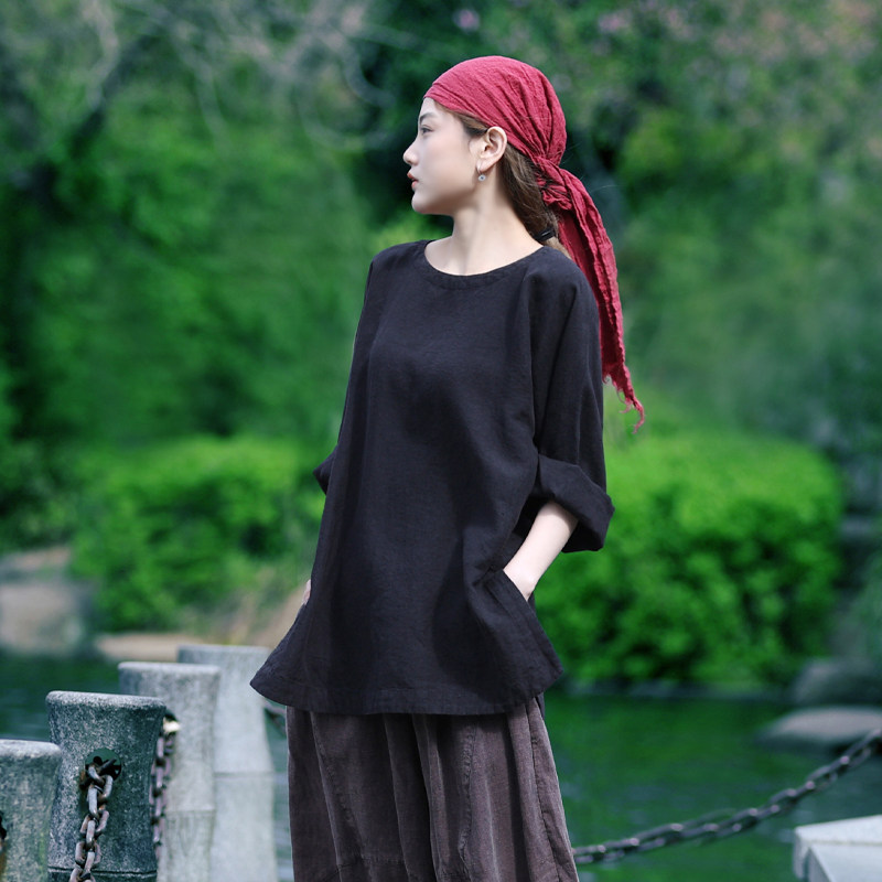 古石后原创布衣黑色衬衫女夏亚麻长袖圆领套头衫休闲慵懒宽松上衣