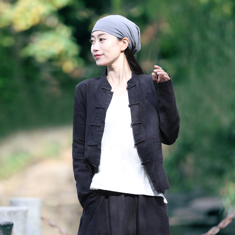 古石后黑色亚麻长袖对襟开衫茶服