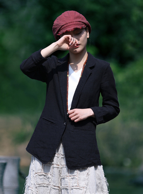 古石后原创布衣正肩收腰气质上衣休闲黑色亚麻西装外套女春秋新款
