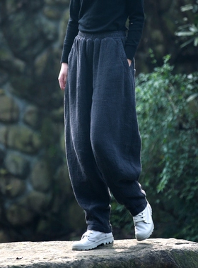 古石后原创布衣肌理棉麻灯笼裤女显瘦加厚长裤休闲百搭亚麻萝卜裤