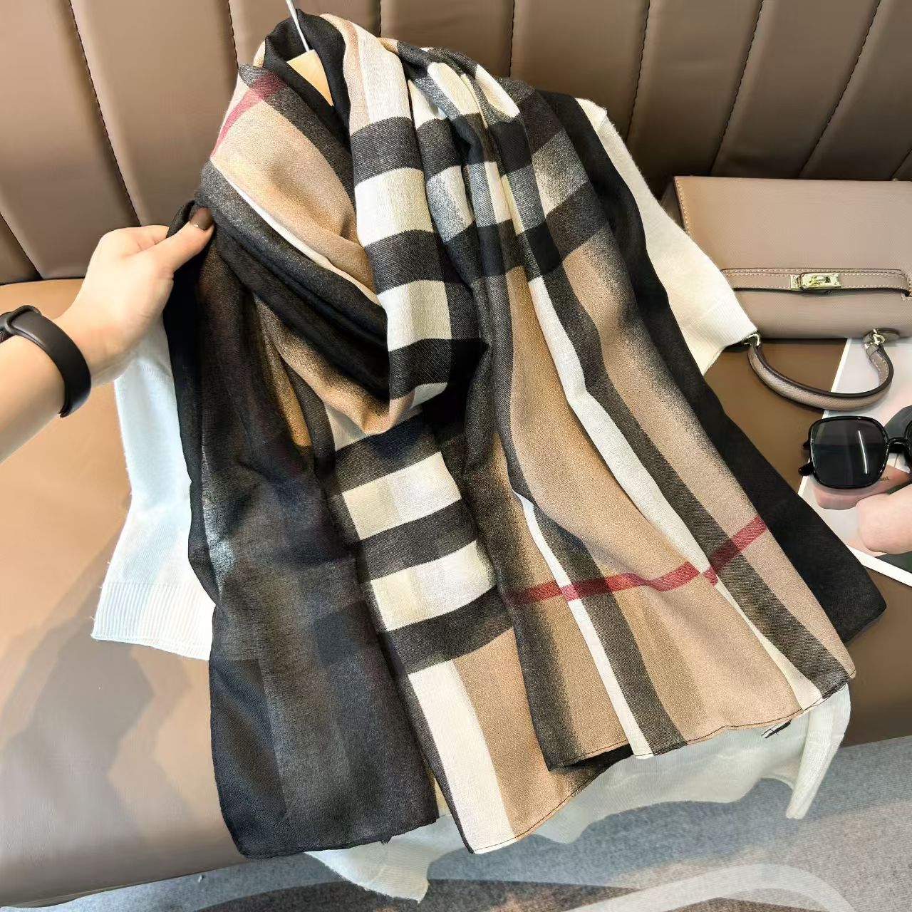 经典百搭格子围巾女春秋棉麻感