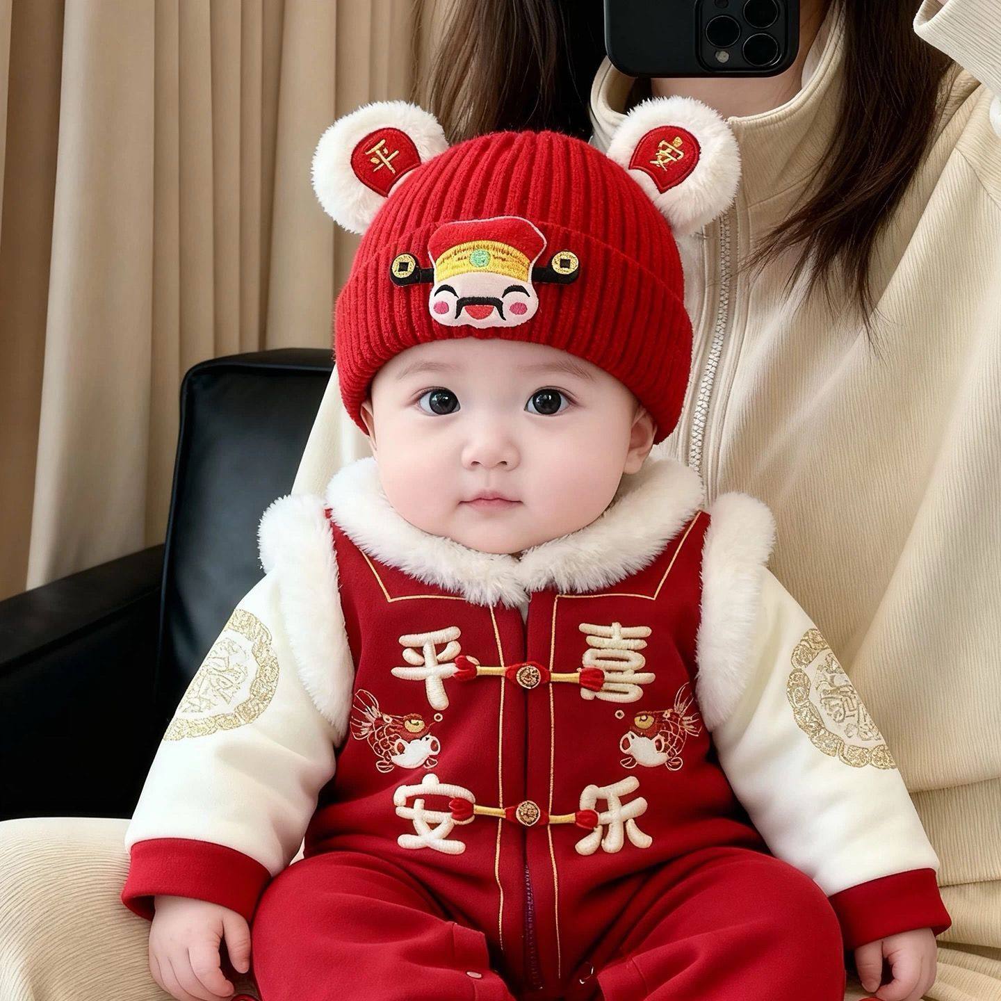 婴儿新年喜庆红色帽子秋冬季保暖加厚针织套头帽男童女宝宝毛线帽