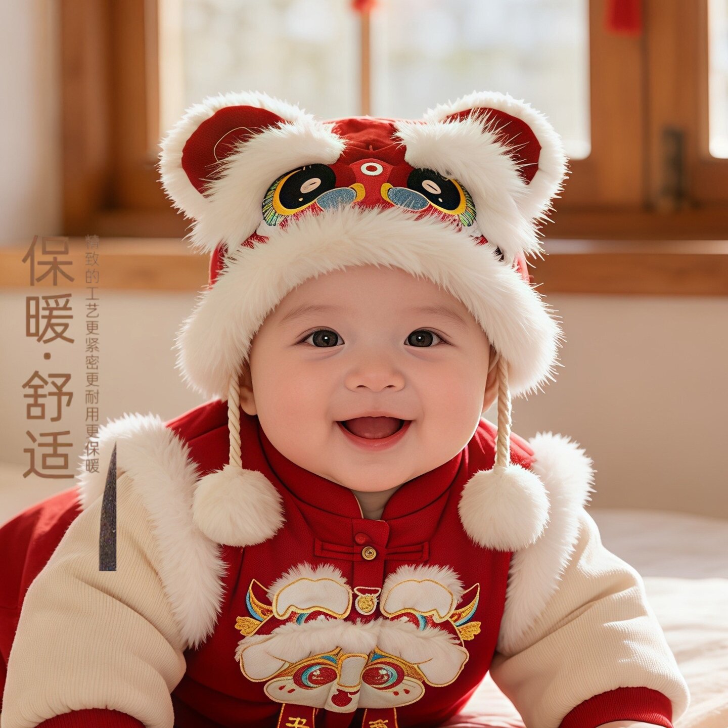 冬季新年红色护耳虎头帽
