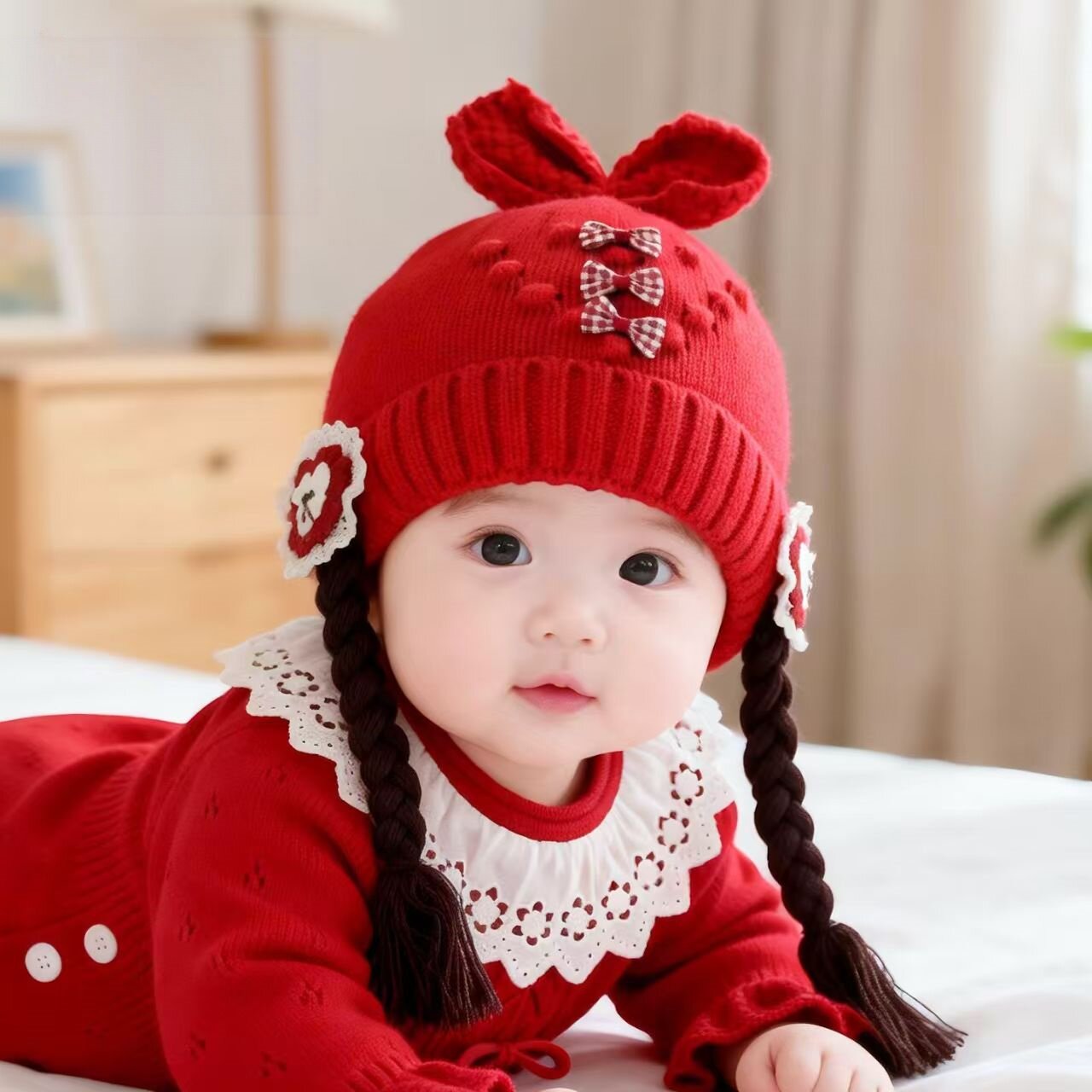 婴儿帽子秋冬季宝宝女红色喜庆