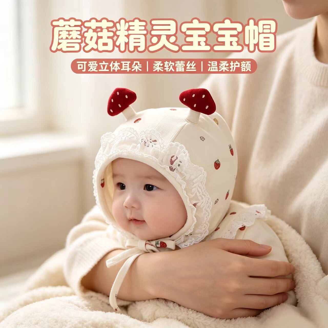 宝宝帽子春秋季可爱蘑菇胎帽花边