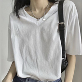 百搭棉质上衣内搭打底衫 白色短袖 宽松韩版 新款 t恤女v领2025夏季