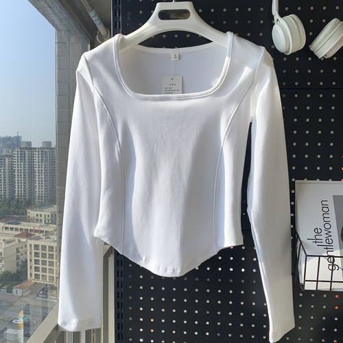 白色方领正肩长袖t恤女秋装