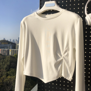 不规则百搭正肩长袖t恤女宽松显瘦白色内搭打底衫春秋冬季上衣潮