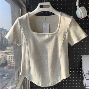 方领正肩短款不规则上衣女夏季新款小众弧度下摆鱼骨修身短袖T恤