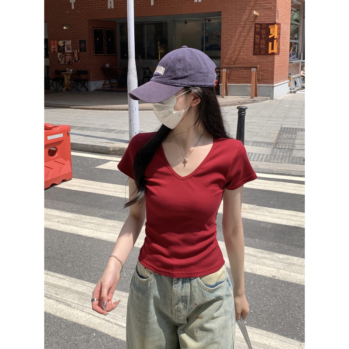 韩版修身红色V领正肩短袖T恤女装夏季新款简约掐腰显瘦小个子上衣