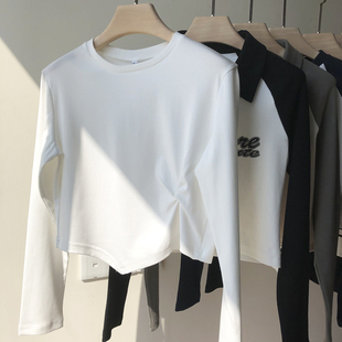 2025秋冬新款不规则设计感白色长袖T恤女春秋短款打底衫棉质上衣