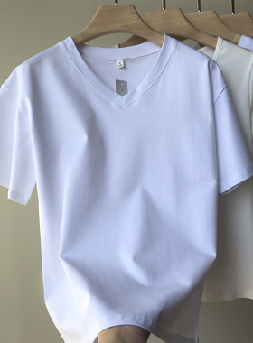 纯色t恤女短袖ins夏季欧货棉质宽松基础款显瘦白色女体恤v领上衣