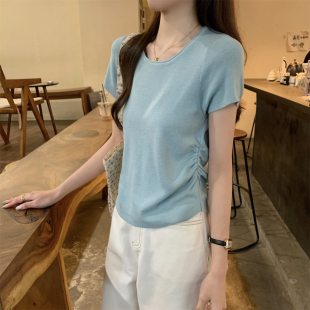 实拍实价 春夏韩版气质卷边圆领设计修身褶皱6羊毛针织衫短袖上衣