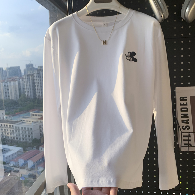 正肩白色长袖t恤宽松棉质打底衫