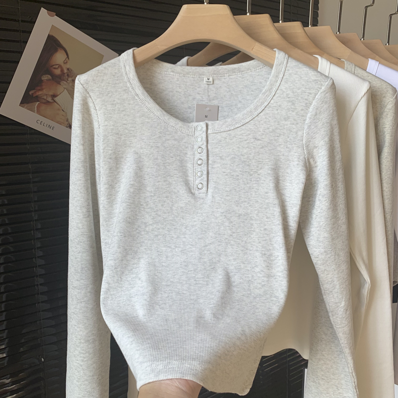 半开领辣妹修身长袖t恤女秋季内搭打底衫螺纹排扣圆领棉质上衣