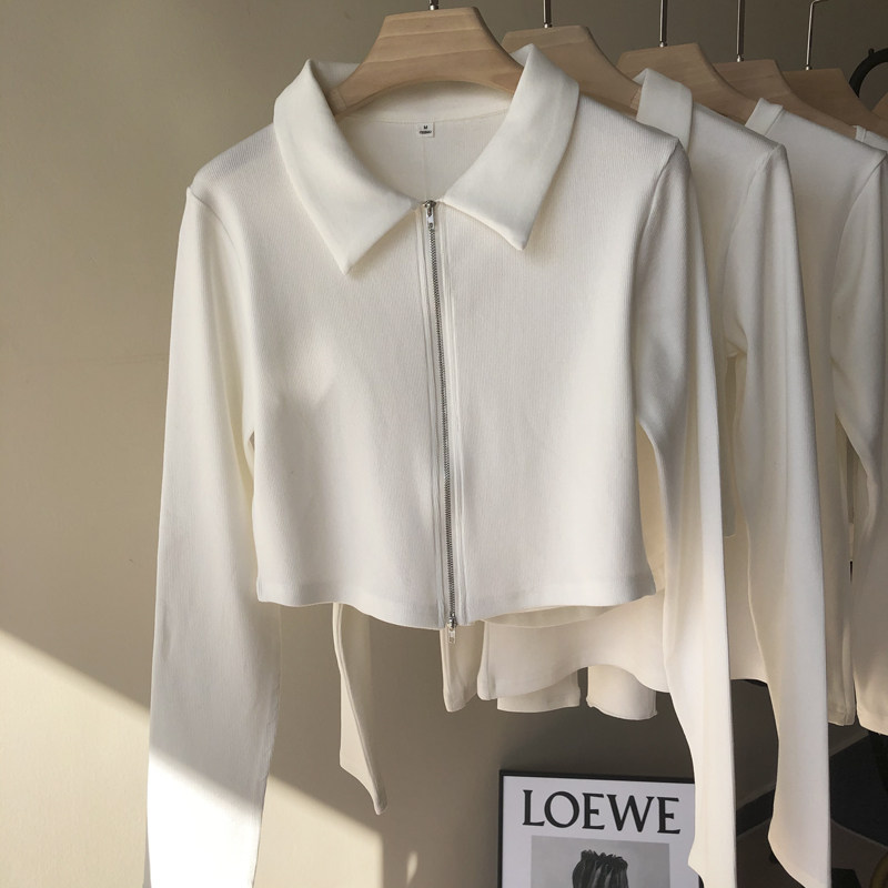 POLO NECK DOUBLE ZIPPER T-SHIRT WOMENS 2023 NEW SPRING HIGH WAIST LONG SLEEVE WEAR T-SHIRT THREADED CROP TOP TIDE