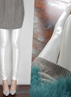 秋冬加绒亮白色 PU皮皮裤珠光白外穿打底裤小脚裤铅笔裤大码女长