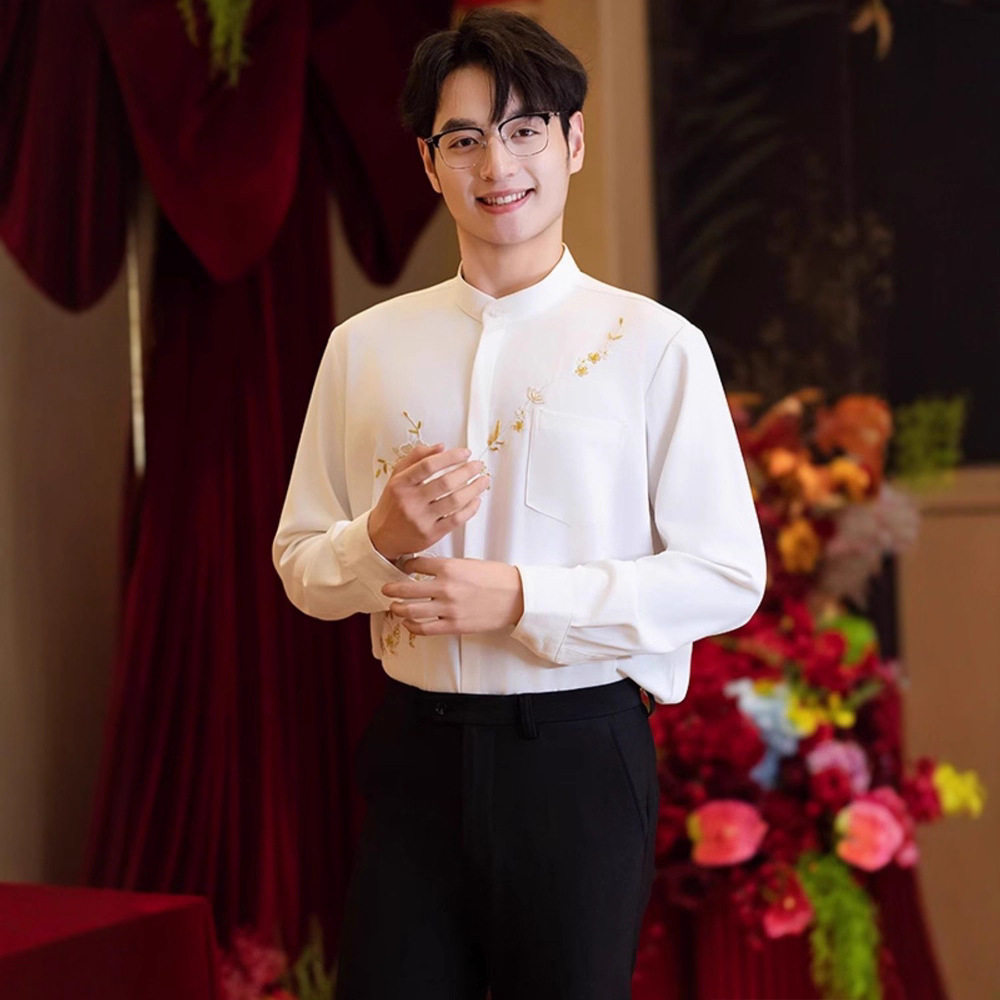 夏季薄款新中式衬衫男士结婚订婚礼服刺绣中国风衬衣帅气潮流