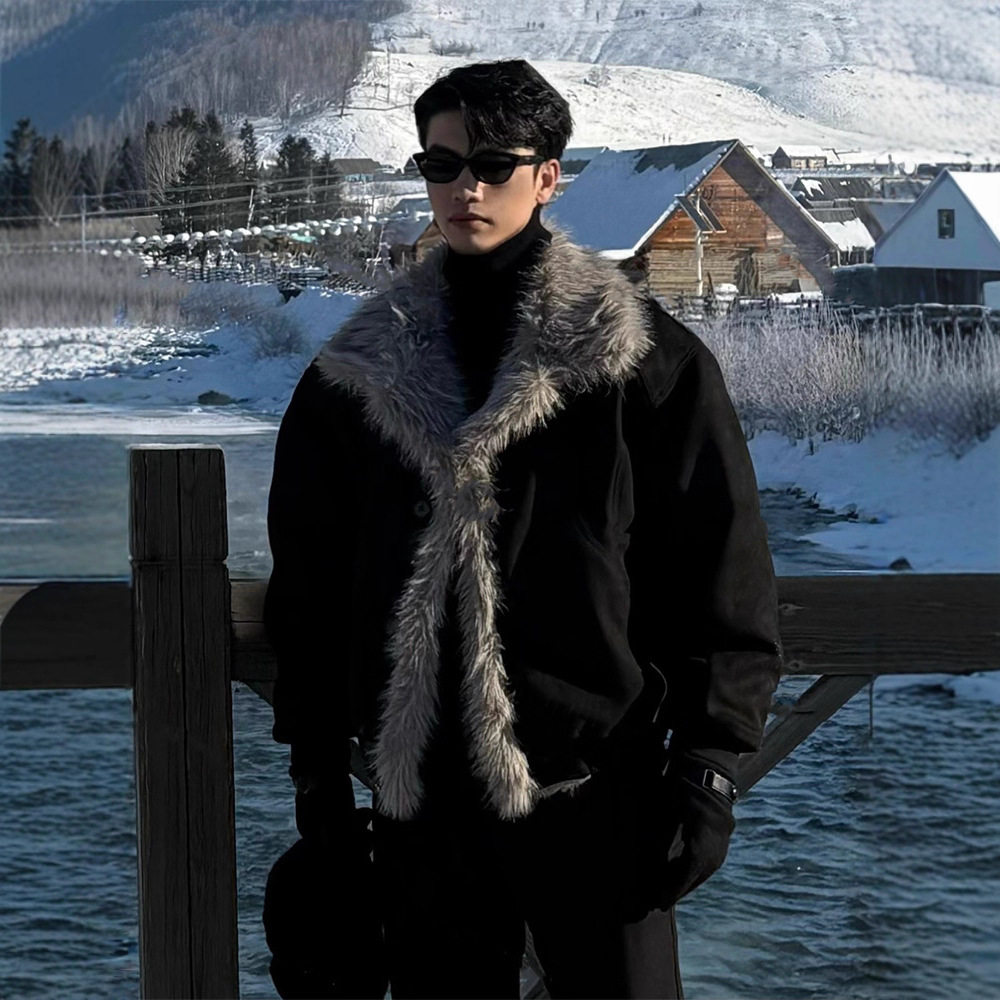 座山雕皮毛一体棉服男款冬季加厚保暖设计感美式翻领棉衣夹克外套