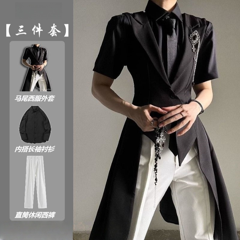 黑色西装长马甲套装ins修身收腰戗驳领燕尾拖尾西服马夹制服礼服