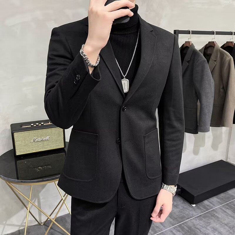 两粒单排扣长袖毛呢西服上衣秋季男气质流行平驳领2022帅气新款